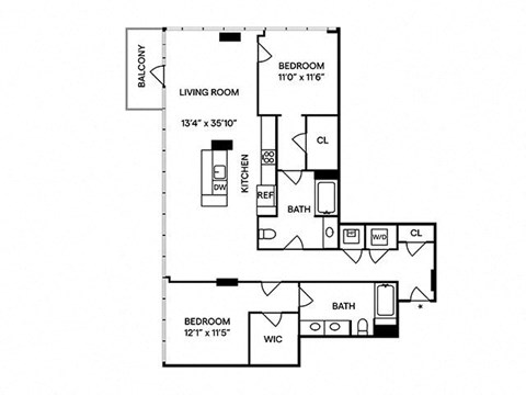 Floor plan for 2 beds, 2 baths, 1434 sqft